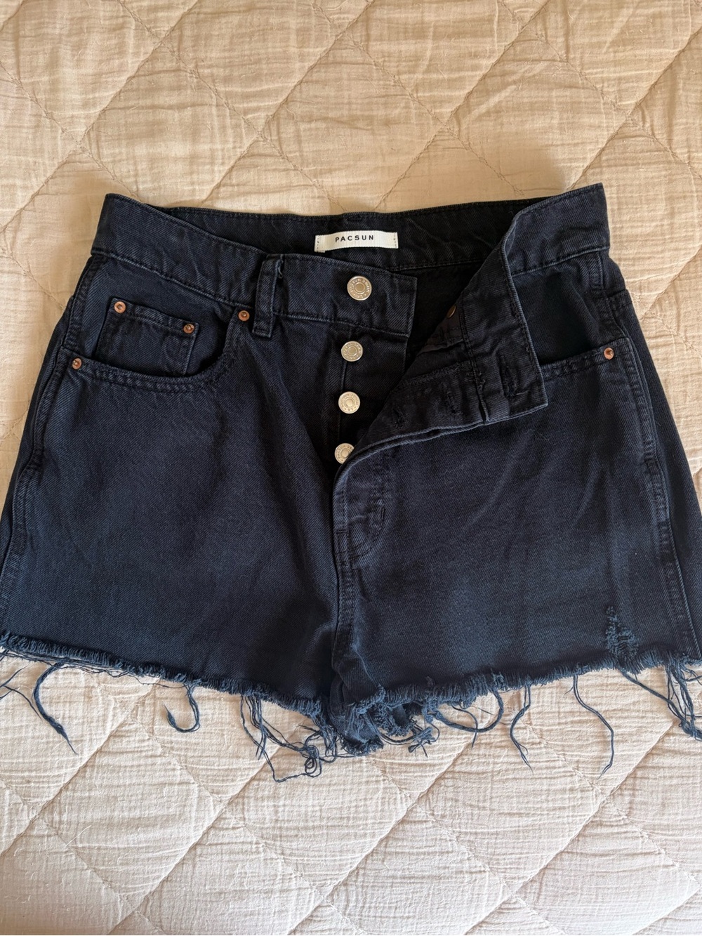 PacSun Black High-Rise Button-Fly Denim Shorts with Frayed Hem 27